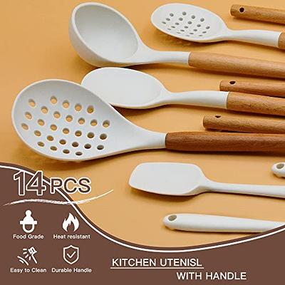 Heat Resistant Silicone Kitchen Utensil Set with Wood Handle, Cooking  Utensils, Spatula, Spoon, Whisk for Nonstick Cookware, 14P