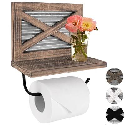 Wooden Toilet Paper Holder Wall Mount with Shelf - Farmhouse Bathroom  Storage Rack for Tissue Rolls, Rustic Bathroom Decor Brown