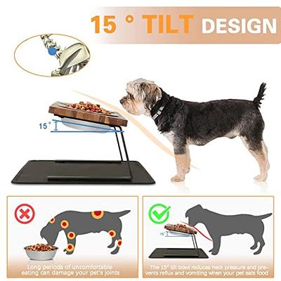 Aivituvin Elevated Dog Bowls,Small Dog 15Tilted Raised Food Feeding Dishes,  Walnut Wood Water Stand Feeder Set for Cats and Puppy, Dog Bowl Stand with  Anti Slip Mat