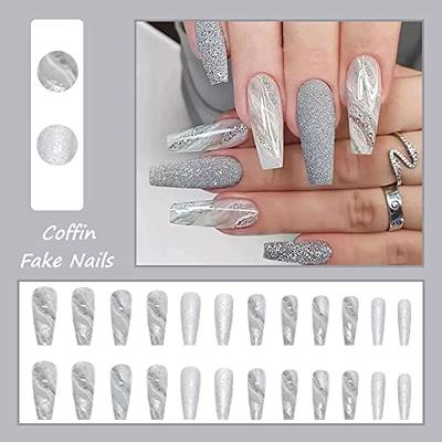  MISUD 24Pcs Coffin Press on Nails, Nude Glossy Fake Nails,  Ballerina Yellow Full Cover Acrylic Nails with Design for Women and Girls :  Beauty & Personal Care