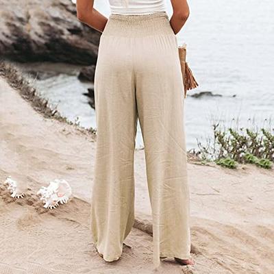 Womens Flowy Pants Summer Linen Lightweight Wide Leg Pants Elastic High  Waisted Casual Beach Palazzo Pants Dressy A-Beige - Yahoo Shopping
