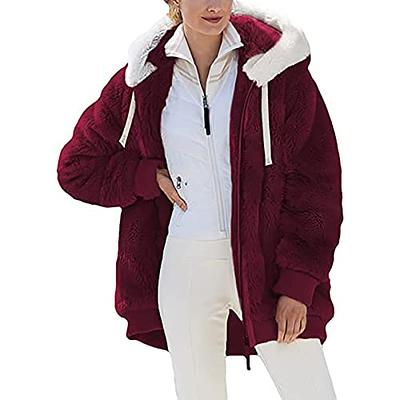 Winter Coats for Women Plus Size Hooded Jackets Plush Zip up Colorblock  Outerwear Faux Shaggy Shearling Cardigan