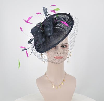 Disc Fascinator Hat With Feathers & Navy Blue W Hot Pink Green Lovely Sophisticated For Derby Race Church Dress Cocktail - Yahoo Shopping