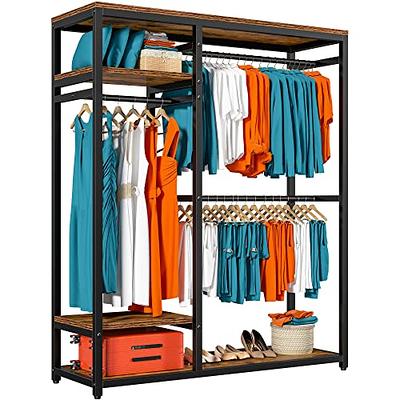 Free-Standing Closet Clothing Rack, Metal Closet Organizer System with Shelves - Brown&Black