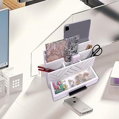 AUPSEN Desk Organizer Mesh Office Supplies Desk Accessories Features 5 Compartments + 1 Mini Sliding Drawer(White)