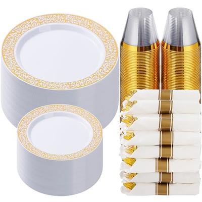 350 Piece M MCIRCO Gold Dinnerware Set - 100 Gold Rim Plastic Plates - 50  Gold Plastic Silverware - 50 Gold Plastic Cups - 50