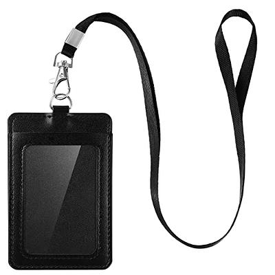 ELV Badge Holder with Zipper and Lanyard, PU Leather ID Badge Card