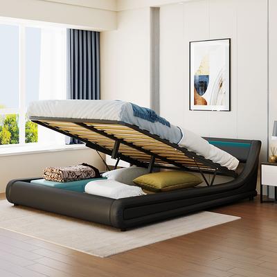 URTR White Wood Frame Full Size Upholstered Platform Bed with LED