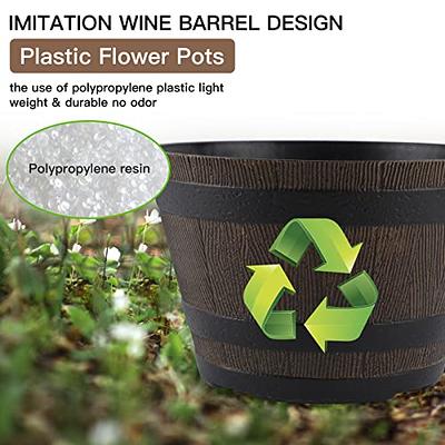 Plant Pots Set of 3 Pack 10 inch,Whiskey Barrel Planters with Drainage  Holes & Saucer.Plastic Decoration Flower Imitation Wine Design,Canbe for  Indoor