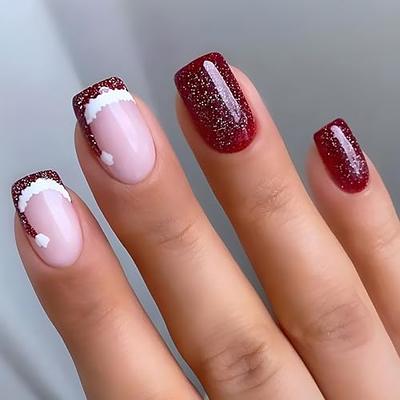 Pink Cat Eye Press on Nails Square Fake Nails Medium False Nails with Solid  Color Deign Gradient Acrylic Nails Glossy Artificial Nails Glitter Stick on  Nails Glue on Nails for Women and