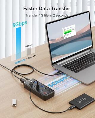 Powered USB Hub, Wenter 6-Port USB 3.0 Hub Splitter (4 USB 3.0 Data Ports +  2 QC 3.0 Fast Charging Ports) with Individual LED On/Off Switches, USB Hub