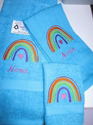 Boho Rainbow Heart Personalized 3 Piece Bath Towel, Hand Towel