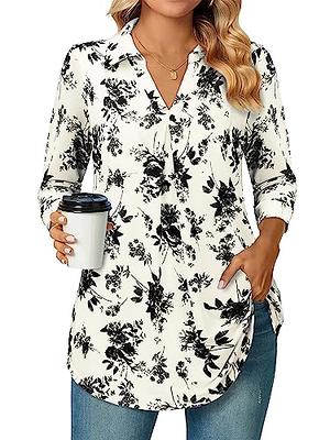 Timeson Womens Tops 3/4 Sleeve Loose Fit,Womens Tunic Tops Dressy Casual V  Neck Ladies Blouses and Tops Office Work Business Shirts Polyester Fancy  Mesh Peasant Blouse Elegant Floral Paisley Black L 