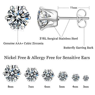 5 Pack Flat Back Earrings Round Clear Cubic Zirconia Stud Earrings for  Women Stainless Steel Hypoallergenic Earrings Cubic Zirconia 316L Round CZ