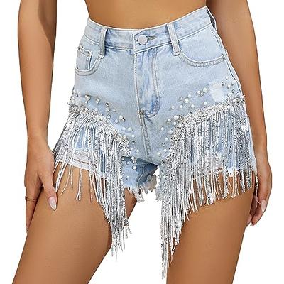 High Waist Raw Hem Rhinestone Fringe Denim Shorts