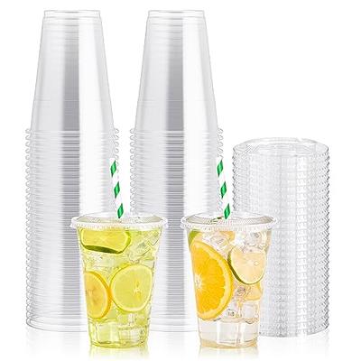 JOLLY PARTY 100Pack 16 oz Clear Plastic Cups With Flat Lids, Disposable  Clear Cups with Straw