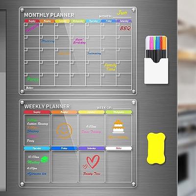  Magnetic Acrylic Calendar for Fridge, 16x12 Clear Fridge  Calendar Dry Erase Magnetic Planning Boards, Includes 8 Highlight Markers,  Magnetic Pen Holder, 2 Nail-Free Stickers and Erase Towel : Office Products