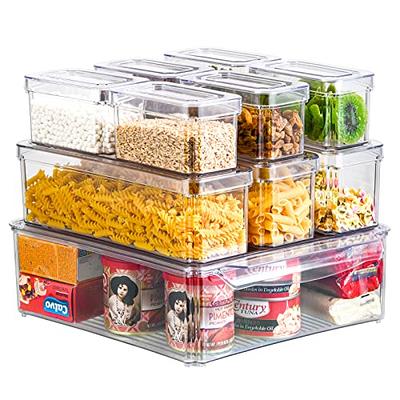 Set Of 12 Refrigerator Organizer Bins with Lids - Plastic Pantry  Organization and Storage Baskets - Stackable Food Fridge Organizers with  Cutout