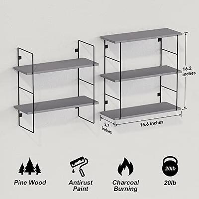 2 Tier Wall Mounted Torched Wood Bathroom Shelf Organizer with Hanging  Towel Bar