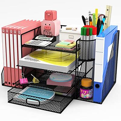 OFFICE ALMIGHTY Rose Gold Desk Organizer for Women: Large 7 in 1 Mesh Metal  Supplies Organizer with Pen Holders, Folder Holder & Accessories Drawer +