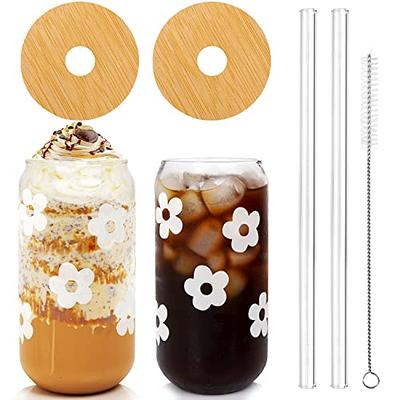 Glass Tumbler with Lids and Straws, Cute Aesthetic Coffee Cup Drinking  glasses