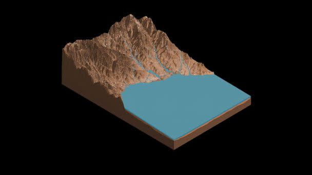 PHOTO: This animation demonstrates the salty ponds and streams that scientists think may have been left behind as Gale Crater dried out over time. The bottom of the image is the floor of Gale Crater, with the peak being the side of Mount Sharp. (ASU Knowledge Enterprise Development (KED), Michael Northrop )