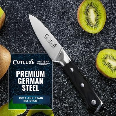 Cutluxe Paring Knife – 3.5 Small Kitchen Knife, Peeling Knife with Razor Sharp Blade – Forged High Carbon German Steel – Full Tang & Ergonomic