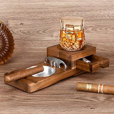 KOVOT Cigar Ashtray and Whiskey Glass Tray – Exquisite Rustic Wooden Tray  with Cocktail Glass Coaster – Wood Cigar Ashtray with Slot to Hold Cigar –