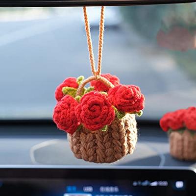 Car Mirror Hanging Accessories,Hand Knitted Rose Flower Car