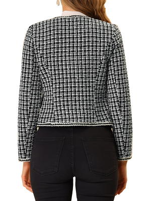 Unique Bargains Women's Plaid Tweed Blazer Long Sleeve Open Front