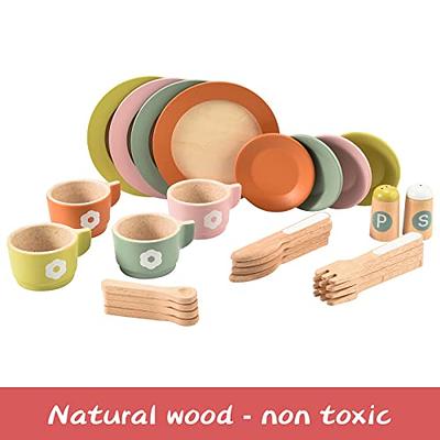 WHOHOLL Wooden Toys Play Kitchen Accessories, Montessori Toys for 1 2 3 4 5  + Years Old Toddlers, Toy Kitchen Play Dishes & Play Food Playset