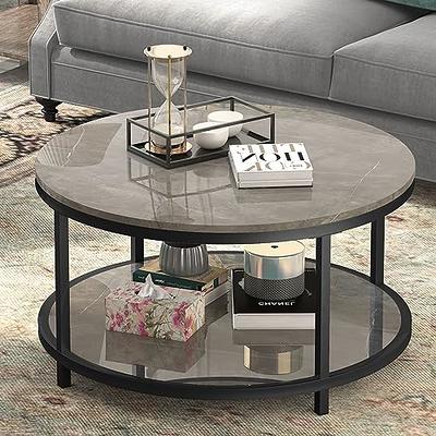 33.5 Round Coffee Table with 2-Tier Storage, Farmhouse Living Room  Cocktail Table with Black Metal Leg, Solid Wood Industrial Sofa Center  Table,Easy