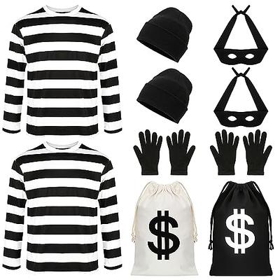 BURGLAR COSTUME ROBBER FANCY DRESS STRIPED TOP T-SHIRT EYEMASK