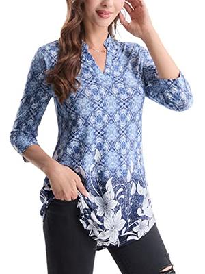 Halife Womens Casual Roll Up 3/4 Sleeve Tunic Shirts V Neck Cute