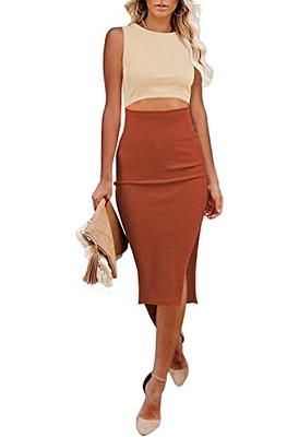 Pink Queen Women's 2 Piece Crew Neck Sleeveless Ribbed Tank Top Bodycon  Slit Midi Skirt Outfit Dress Set