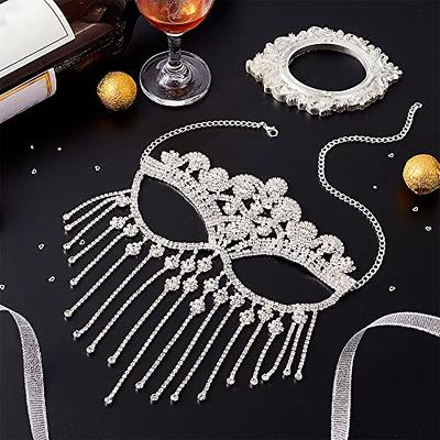 Rhinestone Tassel Mask Fashion Masquerade Face Decoration Exaggerated Diamond Hair Accessories for Women Silver F