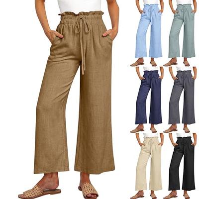  FaroLy Women's Baggy Drawstring Cotton Linen Pants Elastic Waist  Beach Wide Leg Trousers Summer Yoga Slacks Pant (Color : Beige, Size :  Small) : Clothing, Shoes & Jewelry