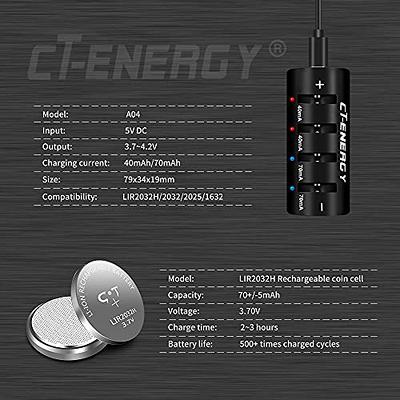 CT-ENERGY Lithium Ion 2032 y Charger for Coin Cell Rechargeable ies LIR2032  4pcs Replace CR2032 y 