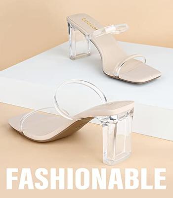  Leevar Square Toe Heels Sandals - White Black Nude Heels  Chunky Two Strap Low Heels for Women Leather Mule Sandals Slip On Block  Heels