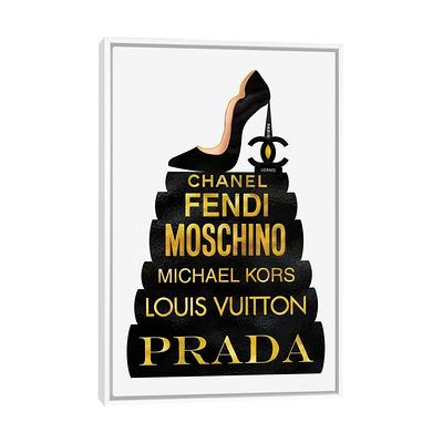 Framed Canvas Art (Gold Floating Frame) - Pink Bow Red Bottom High Heels on Pink & Black Fashion Books by Pomaikai Barron ( Fashion > Fendi art) 