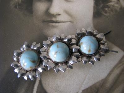 Vintage Hair Barrette, Flower Faux Turquoise 1930's Jewelry, Art