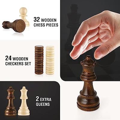 A&A 15 inch Wooden Folding Chess & Checkers Set w/ 3 inch King Height  Staunton Chess Pieces / 2 Extra Queens / 2 in 1 Board Game