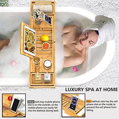 Bamboo Bathtub Tray, Expandable Bath Tray for Tub, Phone and Book