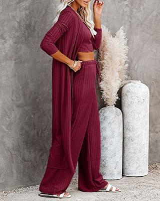 Fessceruna Womens Pajamas Set Fall Winter 3 Piece Loungewear Set