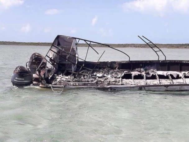 All that remained of the boat after the explosion near Exuma, Bahamas, which killed one person, was a burned out frame. (Obtained by ABC News)