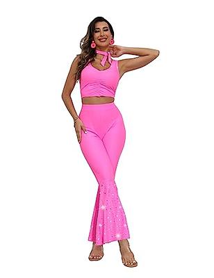Cowgirl Costume 70s 80s Hippie Disco Outfits Pink Vest Top Flare Pant  Halloween Cosplay Suit for Women
