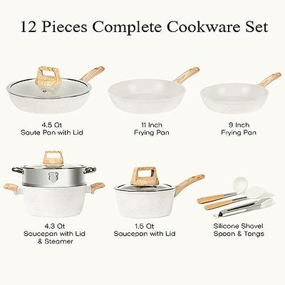 SODAY Pots and Pans Set Non Stick, 12 Pcs Kitchen Cookware Sets Induction  Cookware Granite Cooking Set with Frying Pans, Saucepans, Steamer Silicone  Shovel Spoon & Tongs (White) - Yahoo Shopping