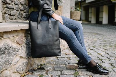 Black and Cognac Tote Bag - Vegan Leather Handbag - Oversized Bag