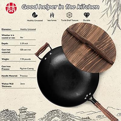 WANGYUANJI Cast Iron Wok,13.4 Craft Wok Chinese Wok,Flat Bottom Iron Woks  with Lid,Fry Pan Suitable for Induction, Electric, Gas, Halogen All