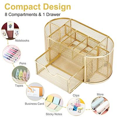 Rose Gold Desk Organizer for Women, AUPSEN Mesh Office Supplies Desk  Accessories, Features 5 Compartments + 1 Mini Sliding Drawer